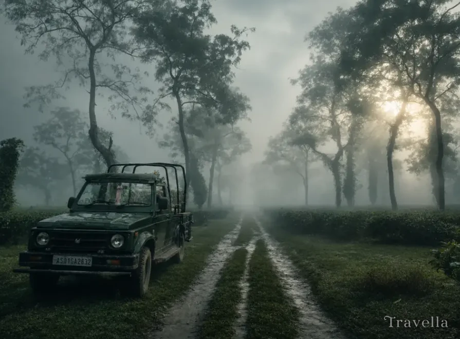 Travella safari jeeps waiting at the park gate in Kaziranga