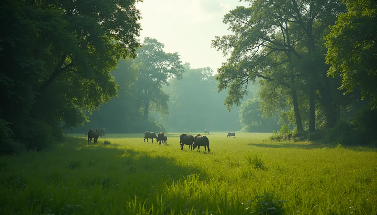 Wide angle view of Kaziranga National Park with lush greenery