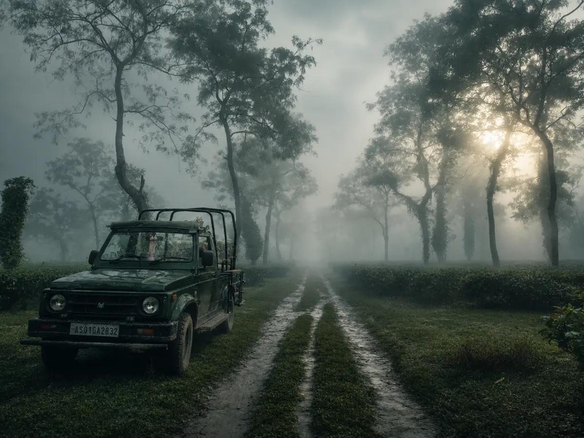 A safari jeep on a misty forest track at dawn in Kaziranga