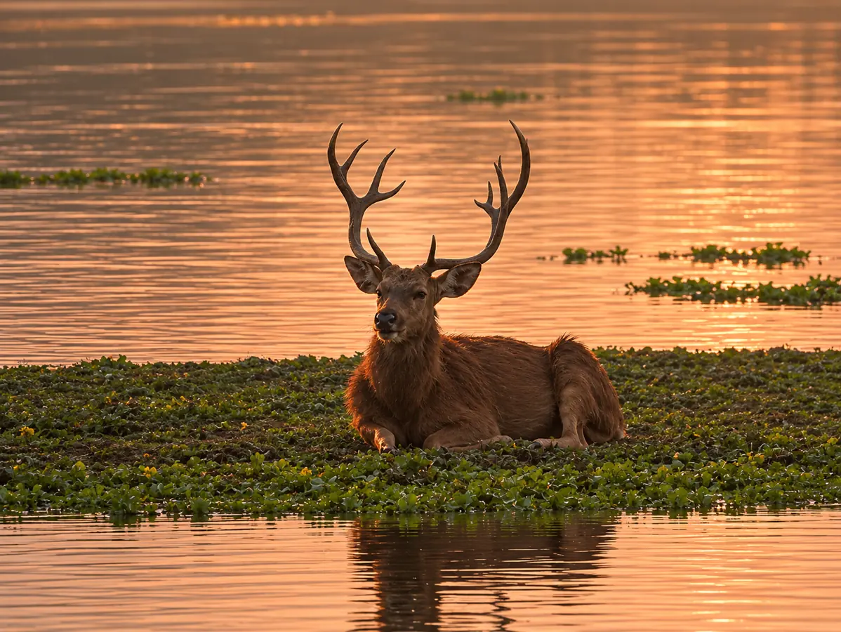 Swamp deer resting in golden hour light on a Kaziranga wetland