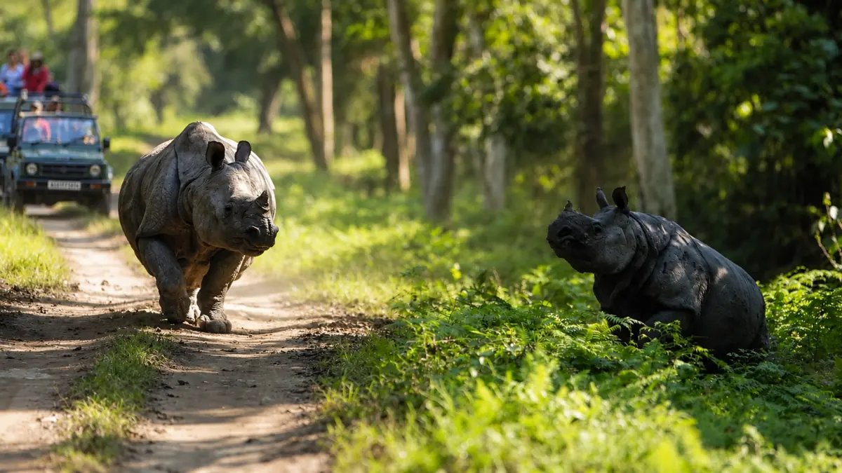 Greater one-horned rhinos on a forest track in Kaziranga