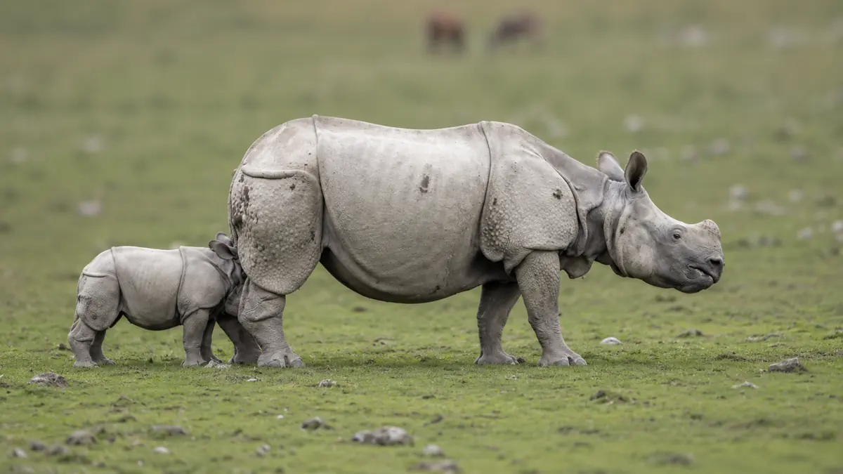 A one-horned rhino and her calf in Kaziranga